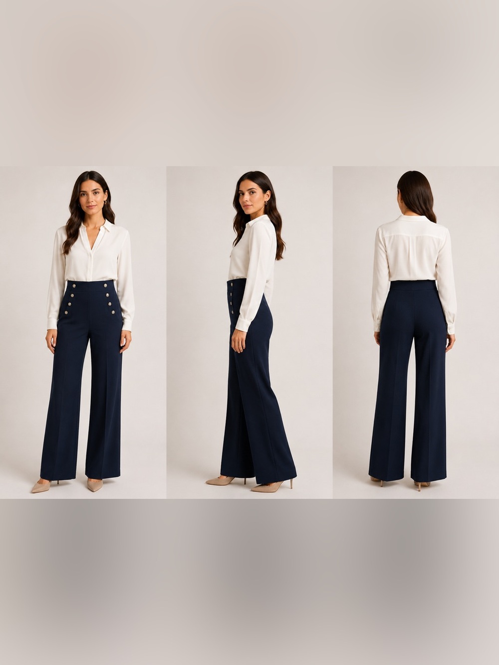 Express Navy High Waist Sailor Trousers Gold Button Wide Leg